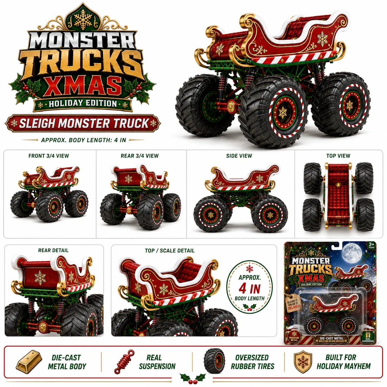 🔥Last Day 50% OFF 🎄 XMAS Holiday Edition Sleigh Monster Truck