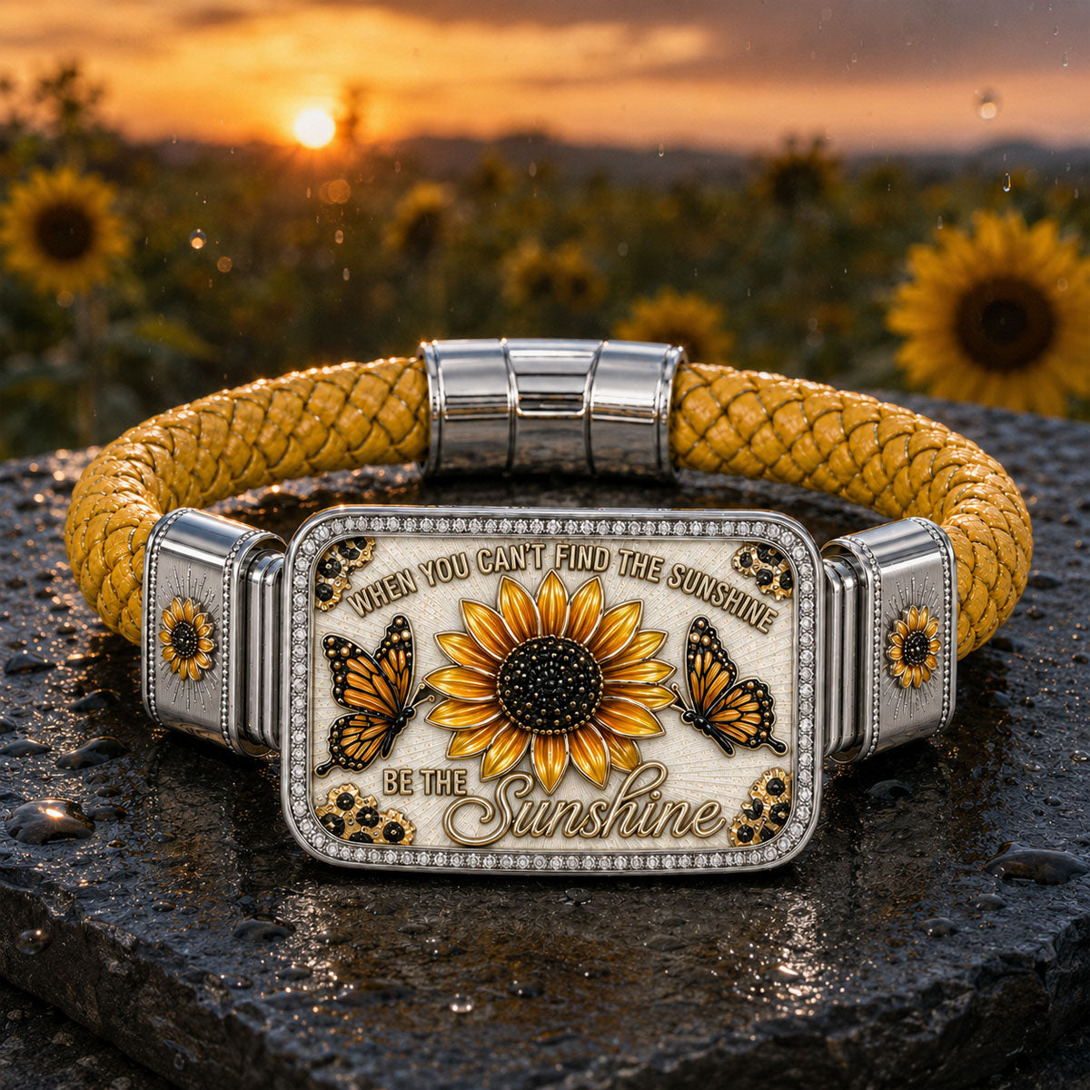 🌻Sunflower & Butterfly “Be the Sunshine” Inspirational Braided Bracelet – Yellow Floral Statement Jewelry