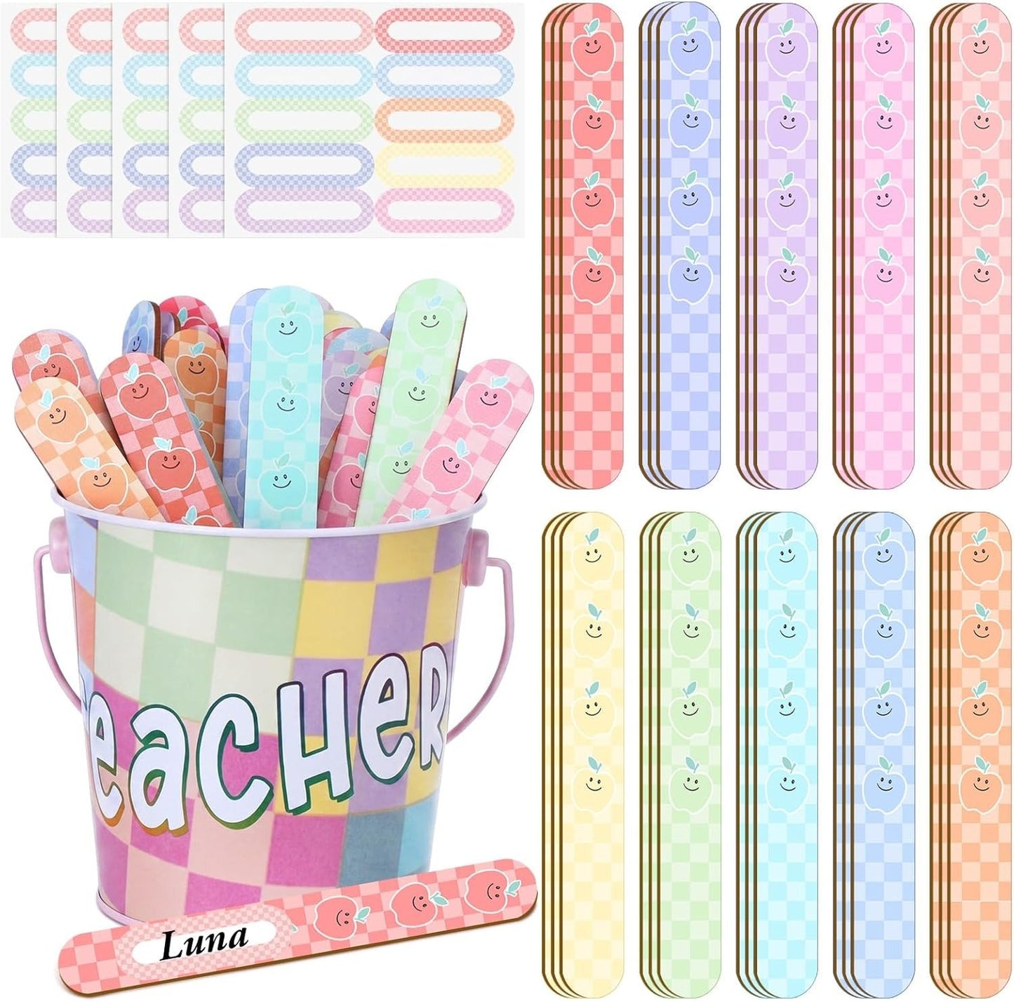 👩‍🏫121/101 Pcs Back to School Teacher Gift Flip Name Sticks Set with Storage Cup,Student Name Sticks with Metal Buckets & Stickers – Classroom Management & Student Grouping Tool for Teachers - Cow Prin / 101 Pcs
