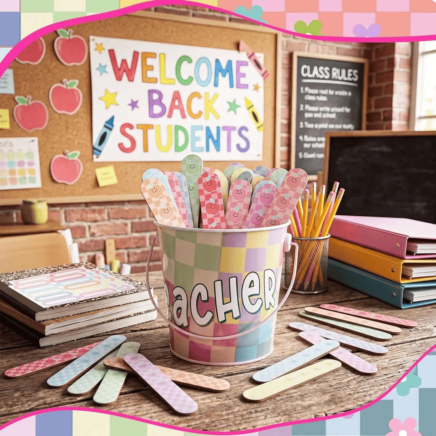 👩‍🏫121/101 Pcs Back to School Teacher Gift Flip Name Sticks Set with Storage Cup,Student Name Sticks with Metal Buckets & Stickers – Classroom Management & Student Grouping Tool for Teachers - Cow Prin / 101 Pcs
