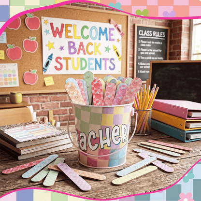 👩‍🏫121/101 Pcs Back to School Teacher Gift Flip Name Sticks Set with Storage Cup,Student Name Sticks with Metal Buckets & Stickers – Classroom Management & Student Grouping Tool for Teachers - Cow Prin / 101 Pcs