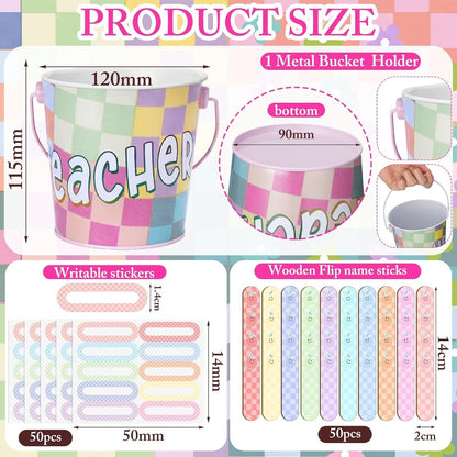 👩‍🏫121/101 Pcs Back to School Teacher Gift Flip Name Sticks Set with Storage Cup,Student Name Sticks with Metal Buckets & Stickers – Classroom Management & Student Grouping Tool for Teachers - Cow Prin / 101 Pcs