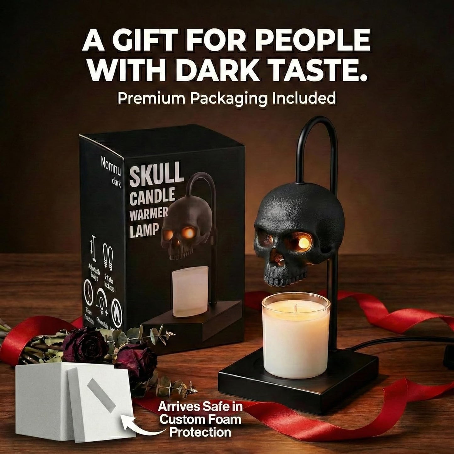 💀Skull Candle Warmer Lamp with Timer and Dimmer *Candles NOT Included – Black Gothic Candle Lamp Warmer w/Adjustable Height, 2 Light Bulbs
