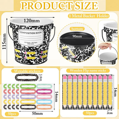👩‍🏫121/101 Pcs Back to School Teacher Gift Flip Name Sticks Set with Storage Cup,Student Name Sticks with Metal Buckets & Stickers – Classroom Management & Student Grouping Tool for Teachers - Cow Prin / 101 Pcs
