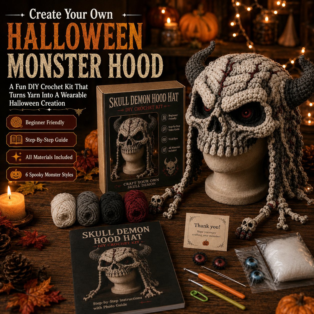 🔥 LAST DAY 49% OFF – 🎃 Halloween Monster Hood DIY Crochet Kit | Premium Soft Yarn Materials with Step-by-Step Guide DIY Handmade Wearable Character Hood 🧶🎭✨